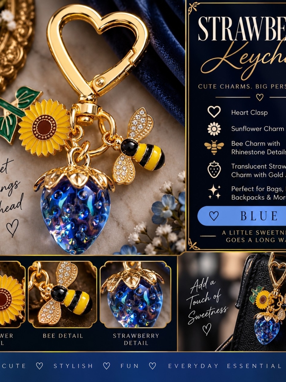 Strawberry Keychain Charm Necklace - Blue Gold Accents!!
